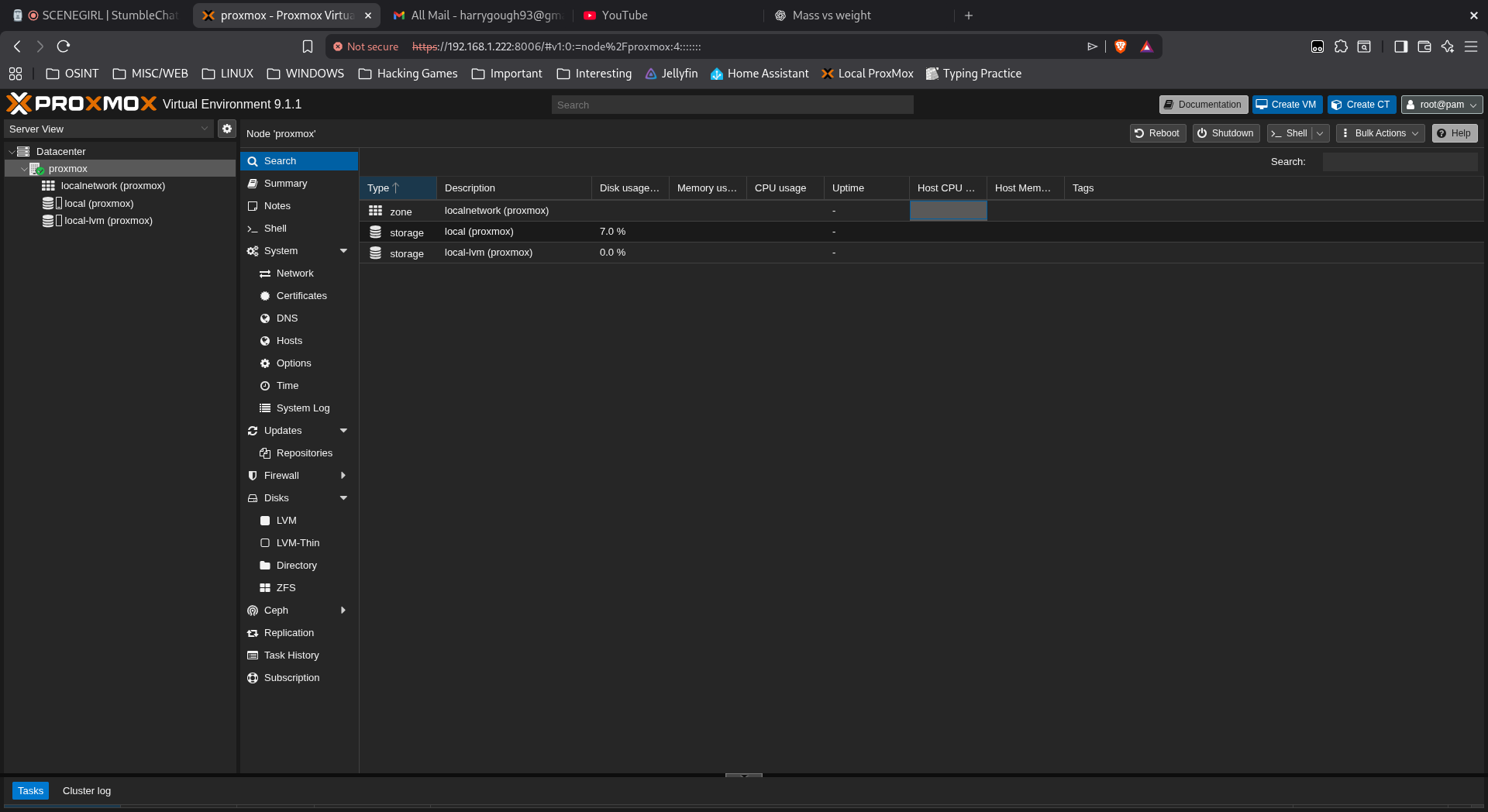 An image of the ProxMox management screen