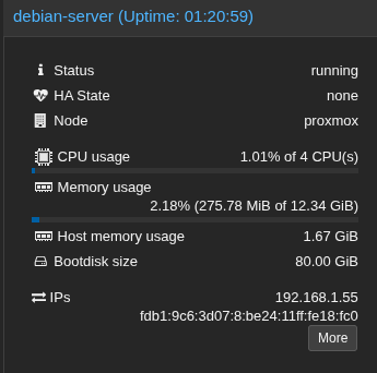 An image of a debian server on ProxMox