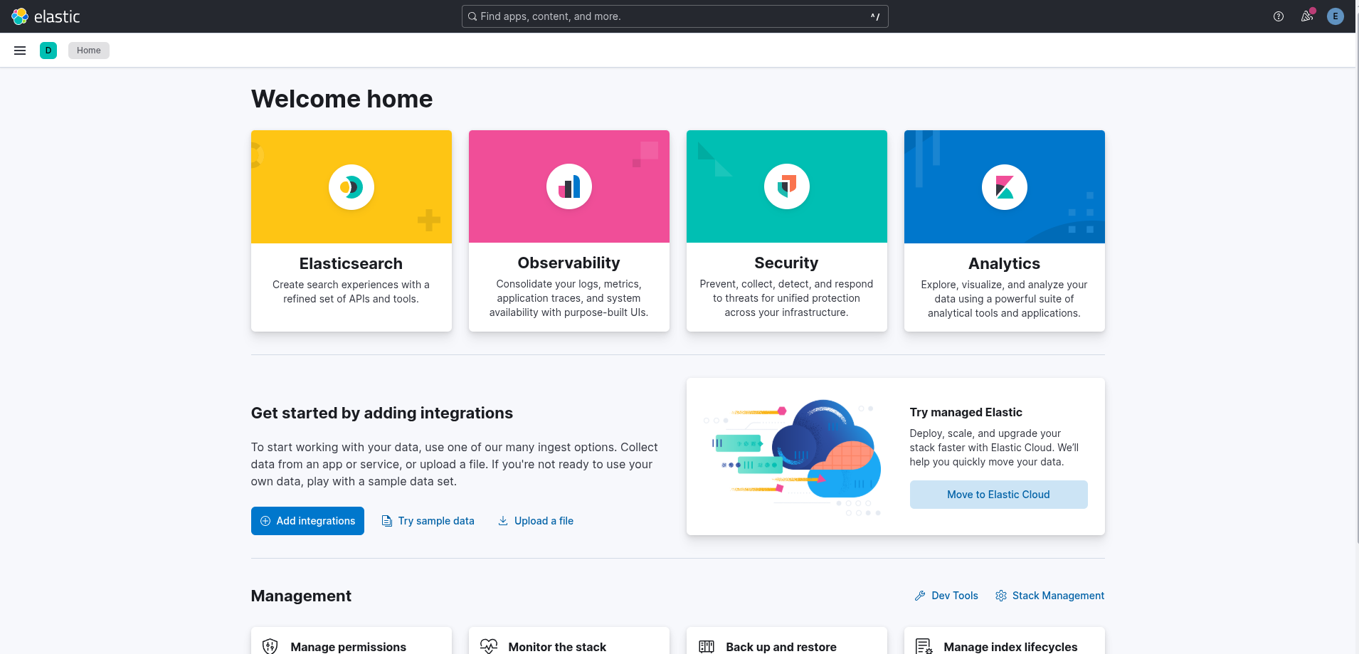 An image of the elasticsearch+kibana landing page