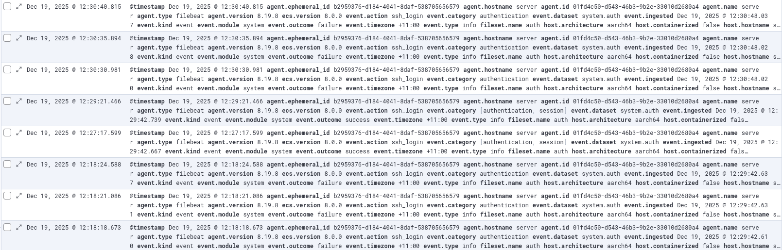 An image of logs visibile throught the Kibana front end