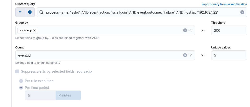 A rule for an alert for brute force login attempts