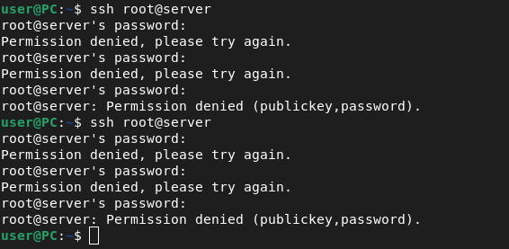 An image showing six failed SSH login attempts