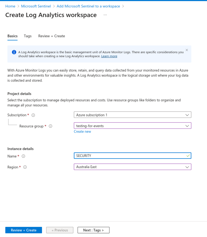 creating a log analytics space
