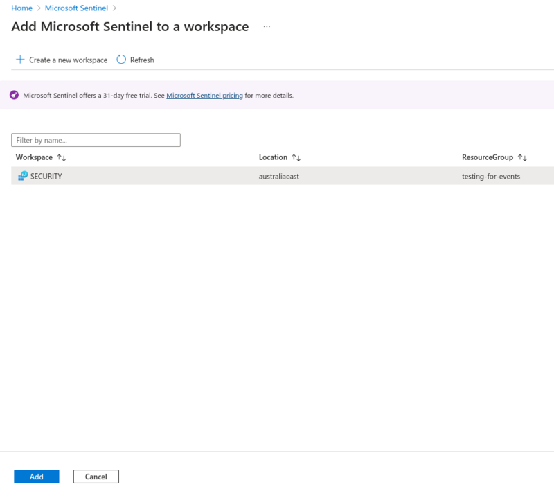 Adding sentinel to the log analytics space